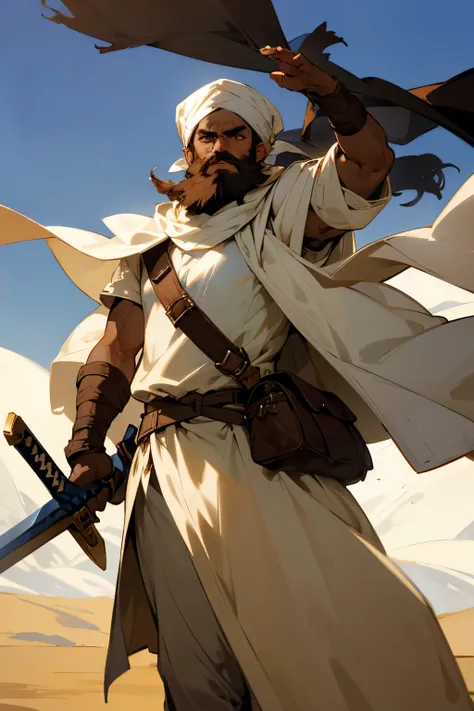 desert, turban, white cloak, brown big bag, dark skin, great sword, bearded man,