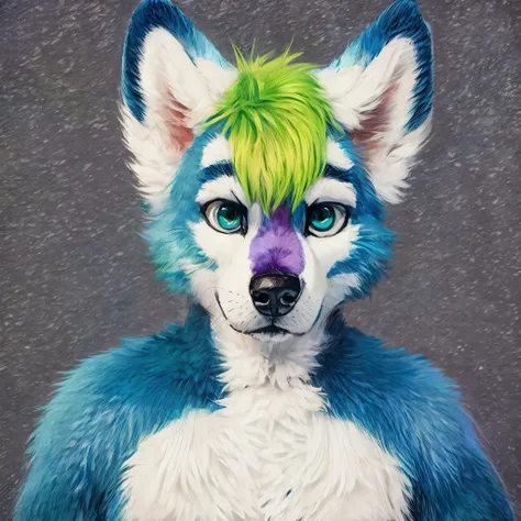 anthro husky man furry detailed fur long fur long hair realistic fur digital art, arafed dog with a green and blue mohawk on its...