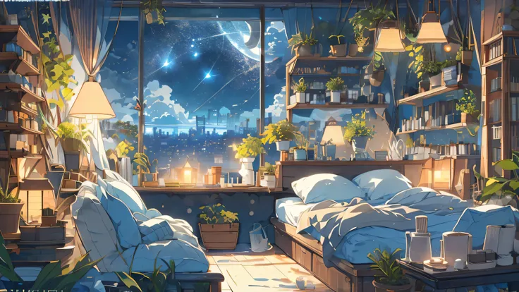 (masterpiece:1.2), best quality,pixiv,cozy animation scene,
eyesight, night, window, there are no humans, sky, plant, night sky,...