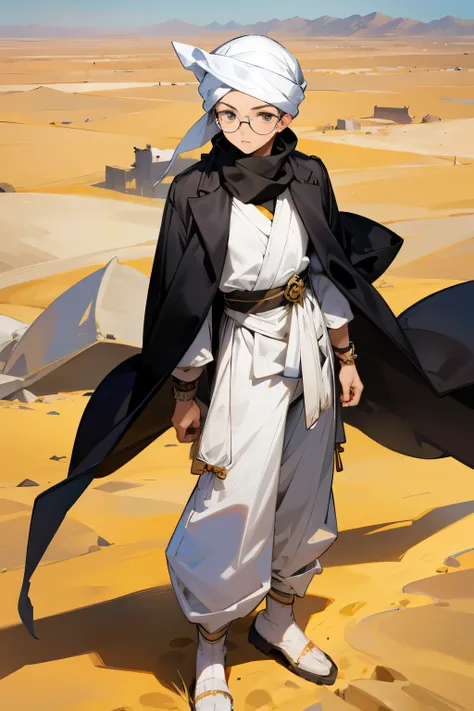 desert town, young man, glasses, black scarf, white turban, white puffy pants,