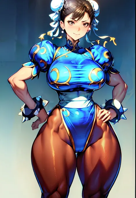 (masterpiece), (best quality), 8k resolution, ultra-detailed, hyper-detailed, realistic, photograph, photorealism, (1girl), Chun Li, Chun Li costume, perfect body, smile, posing for photo, huge breasts, thick thighs, wide hips, slim waist, hourglass figure...