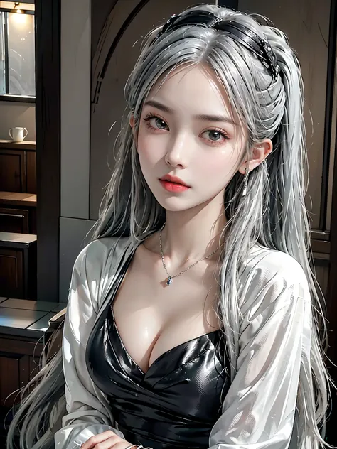 high quality, Rich in details, Silver-haired girl with twin ponytails posing cutely. They wear retro gothic clothes, Wear a bracelet, earrings and necklaces. You can even see it. The photo is a close-up of the face, There is cleavage, shiny breasts, Sweati...