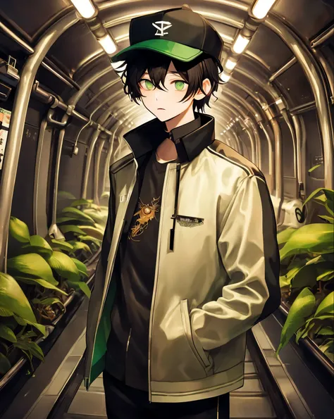 The Stable Diffusion artwork features an enigmatic teenager with black hair and green eyes, standing out in the center. Elegantly dressed, he wears a black cap and jacket that add a touch of mystery. Surrounded by precisely detailed robot insects, he deftl...