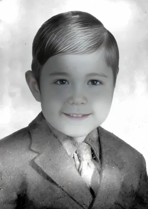 Arafed photo of a boy in a suit and tie, El joven Jim Caviezel, Foto clasificada rara, Foto temprana en blanco y negro., Rich Evans, Four years old, imagen muy granulada, viejo cuadro, foto real, 1 9 7 5 foto, from 2 to 5 years, Foto muy conocida, foto gra...