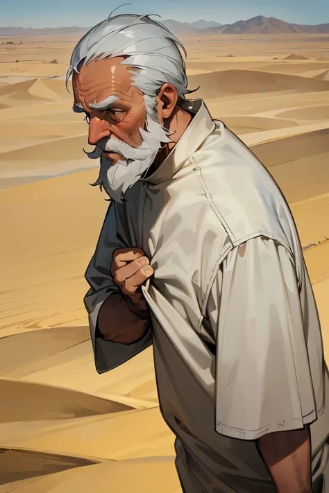 scared man, working, grey hair, grey beard, old man, desert clothing,