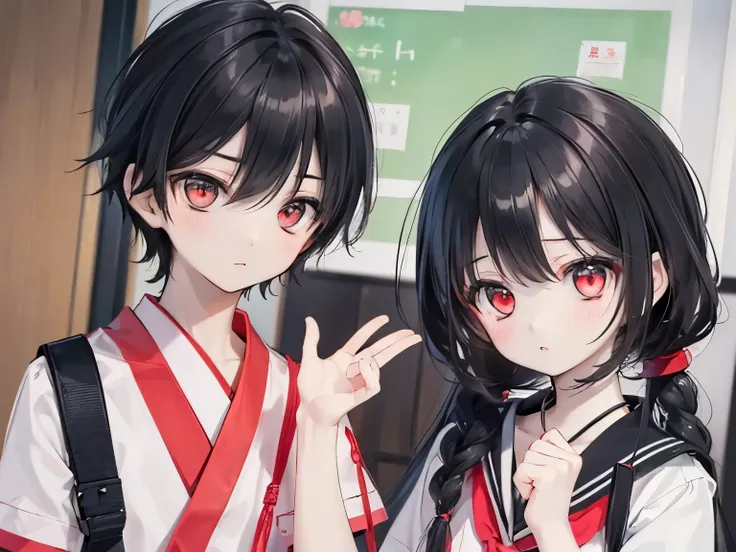 (((siblings, 1boy, 1girl))). black hair and bright red eyes, wearing a japanese school uniform, expressionless, classroom settin...