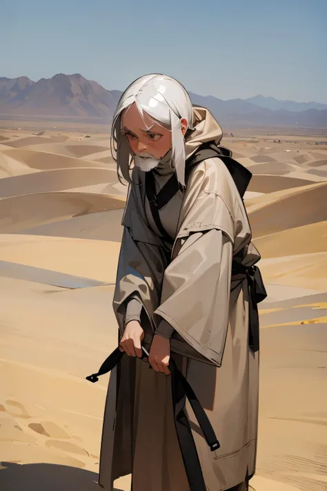 scared woman, working, grey hair, grey beard, old woman, desert clothing,