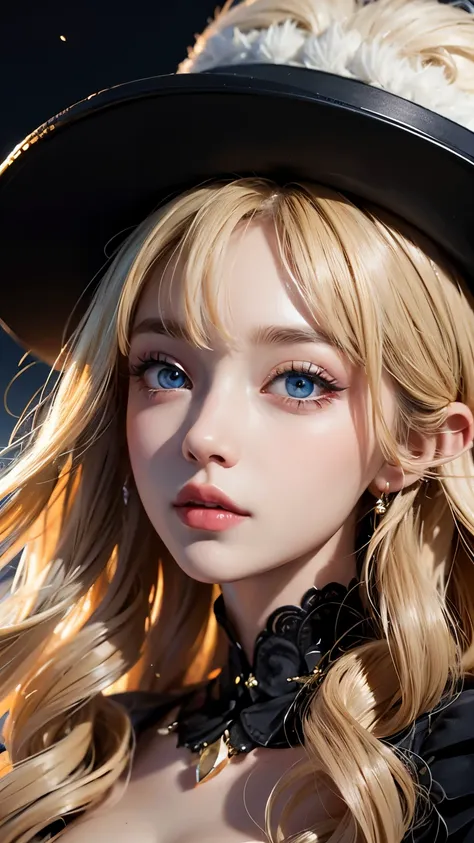 Huge moon in night sky as background，There is a girl in front of the moon，Close-up of girl，blond，blonde，very long hair，curls，Nice hat，blue eyes，long eyelashes，Cold expression，huge ，Very deep cleavage，Wear loose pajamas，8K portrait rendering,（fidelity，fidel...