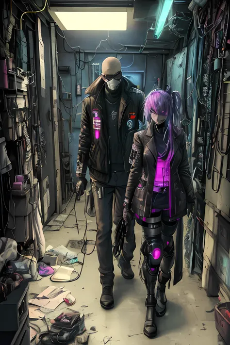 2characters: a cyberpunk corrupt doctor in a dirty and unhygienic room replacing a prosthesis to a woman, using cybernetic prosthesis. cyberpunk mysterious dark setting, raytraced, neon lights, nightdusty, post-apocalypse, cobwebs, superb, beautiful 8k wal...