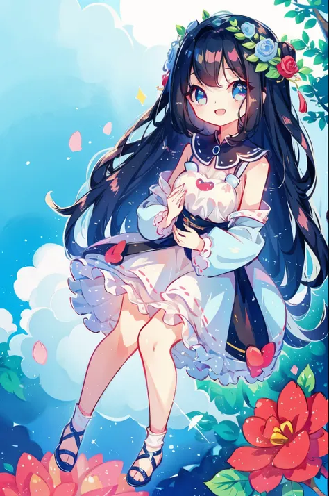 The girl is、neat hair ornament、cute surreal body bien、black hair、(detailed eyes、eyes like jewels、sparkling eyes:1.3)、open mouth smile、blue sky、Cute shoes、garden、sunlight filtering through the foliage、smelling the rose flowers、Taken from the side