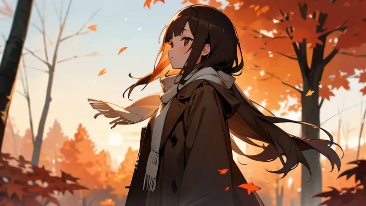 Cute girl in a dark brown coat and white scarf,Straight hair over the shoulder,stand under two rows of maple trees,Gently stare at the autumn leaves in your hand,dramatic sunset,Falling leaves flutter,Lens bokeh