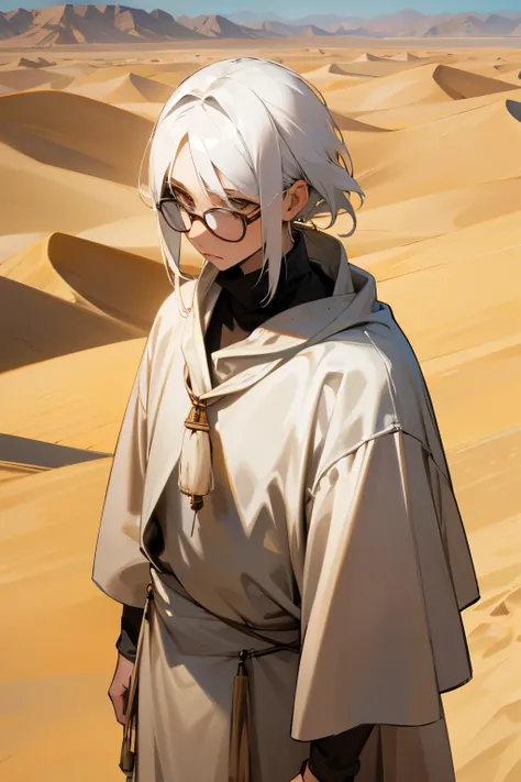 white hair, glasses, desert clothes, desert background