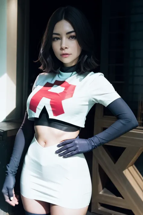 alinitydivine, a woman wearing team rocket,team rocket uniform,white skirt,red letter r,crop top,black thigh-highs,black elbow g...