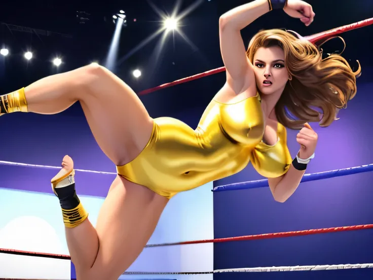 (highest quality:1.5), (masterpiece:1.5), (Professional wrestling venues:1.2), Close Up, alone, woman, flashy gold swimsuit, Glamour, super huge boobs, 20-year-old, Flying and kicking in the sky, powerful composition