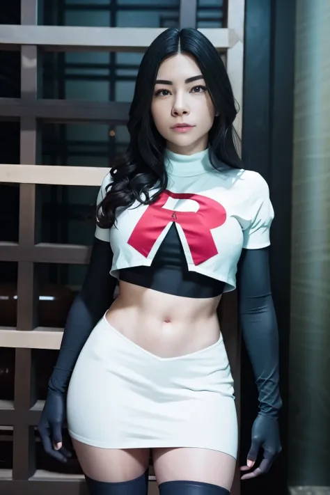 alinitydivine, a woman wearing team rocket,team rocket uniform,white skirt,red letter r,crop top,black thigh-highs,black elbow g...