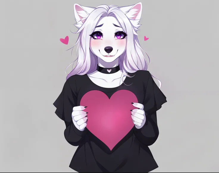 solo, female white wolf, beautiful detailed purple eyes, cute snout, by fumiko, by hyattlen, long white hair, hair parted in the middle, black eyebrows, white wolf ears, wolf tail, black nose, wearing black choker, black blouse, black shorts, bashful pose,...