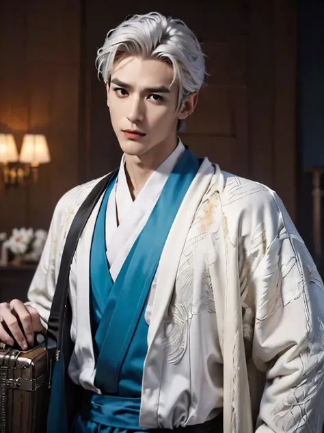 (male character design），（messy flying white hair：1.2）, (long,messy shawl hair：1.1），（the melancholy handsome chinese man lanling ...