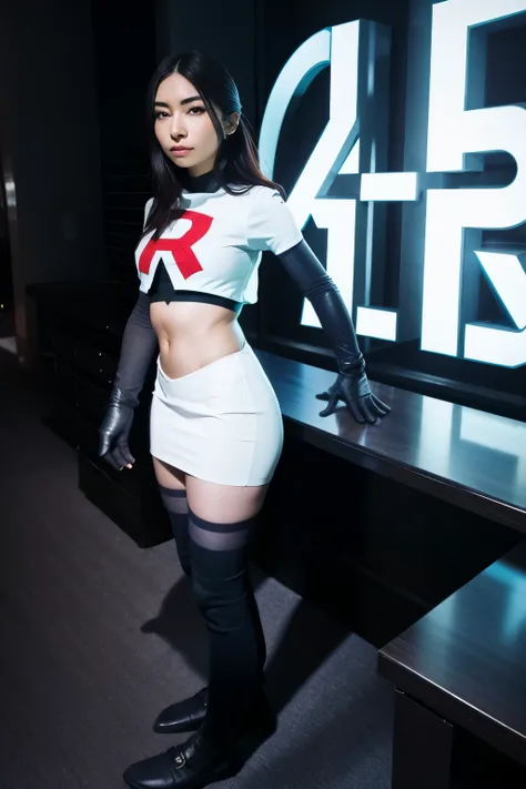 alinitydivine, a woman wearing team rocket,team rocket uniform,white skirt,red letter r,crop top,black thigh-highs,black elbow g...