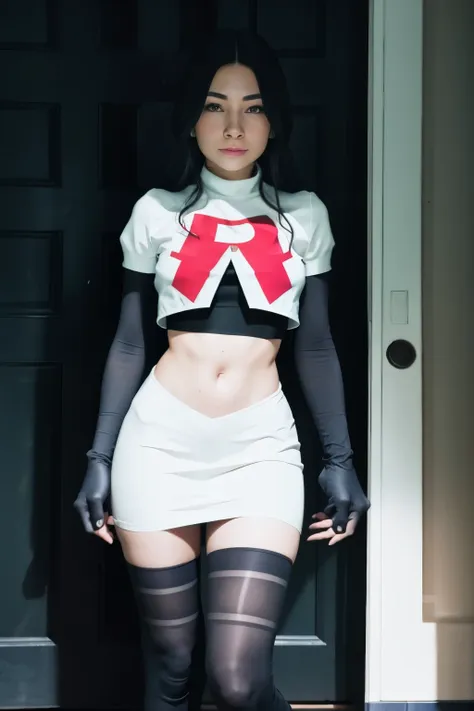 alinitydivine, a woman wearing team rocket,team rocket uniform,white skirt,red letter r,crop top,black thigh-highs,black elbow g...