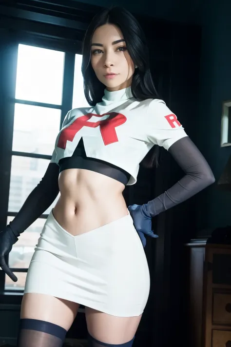 alinitydivine, a woman wearing team rocket,team rocket uniform,white skirt,red letter r,crop top,black thigh-highs,black elbow g...