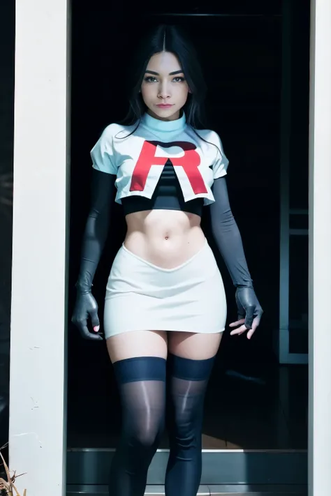 alinitydivine, a woman wearing team rocket,team rocket uniform,white skirt,red letter r,crop top,black thigh-highs,black elbow g...