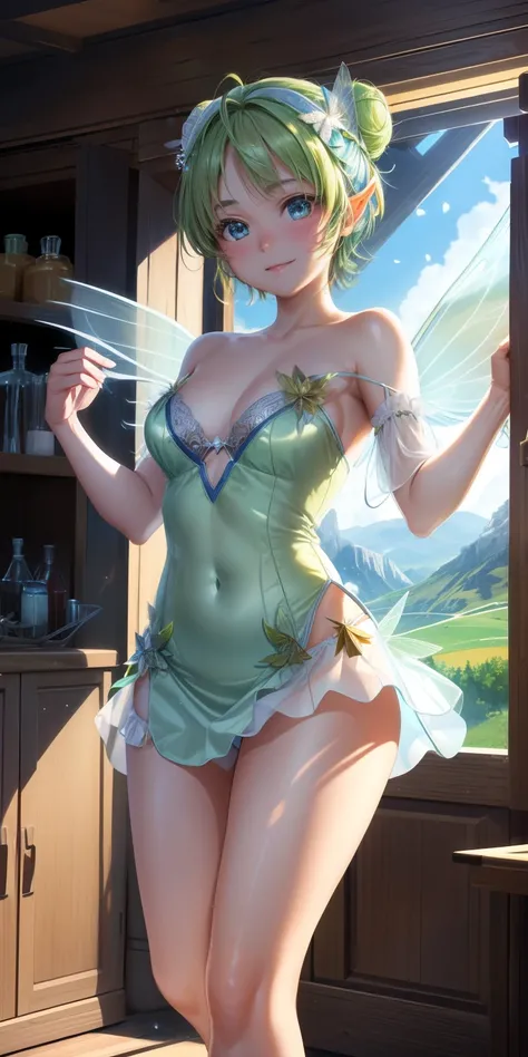 (Tinker Wife:1),Tinker Bell、mini skirt、超mini skirtレオタード、clear feathers、Legs open to show white panties、 smile, cute, cute pose, looking at the viewer, thick thighs, white panties single hair bun, short hair, (Strapless Green Dress:1), (fairy wings), are fl...