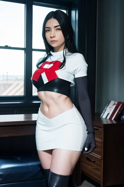 alinitydivine, a woman wearing team rocket,team rocket uniform,white skirt,red letter R,crop top,black thigh-highs,black elbow gloves,