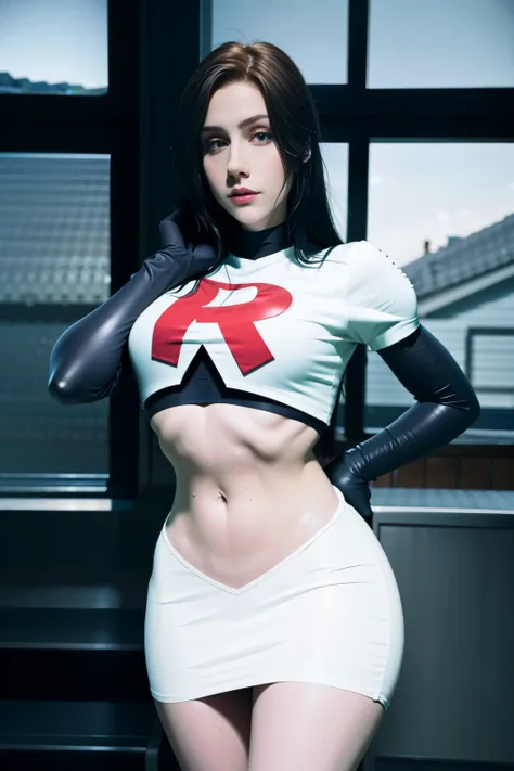 leynainu, a woman, wearing team rocket,team rocket uniform,white skirt,red letter r,crop top,black thigh-highs,black elbow glove...