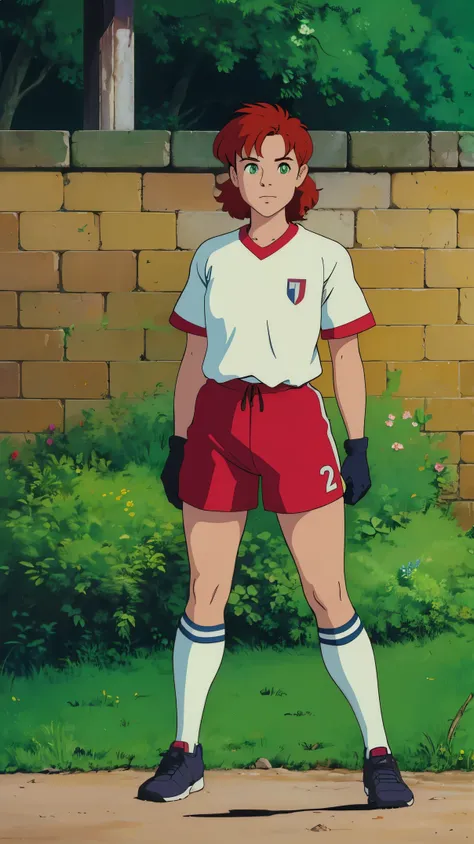 Female, French, medium hair, redhead hair, medium breasts, light green eyes, goalkeeper shirt, goalkeeping gloves, soccer shorts, long socks, shinguards, soccer cleats, wallpaper, 1990’s, standing upright, soccer pitch, portrait 