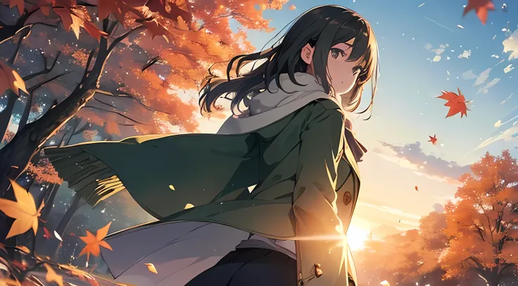 Cute girl wearing a moss green coat and white scarf,Back Profile,Please look up at the sky,Straight hair over the shoulder,stand under two rows of maple trees,Gently stare at the autumn leaves in your hand,Dramatic sunset,Beautiful lens flare full of light...