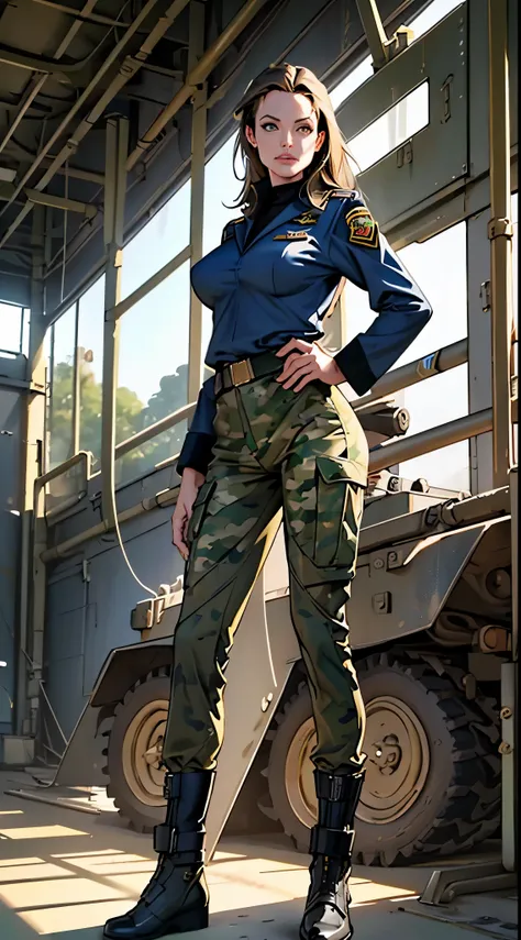 angelina jolie character, military uniform (blue color, major rank), brown hair, yellow eyes(honey color), delicate figure, fema...