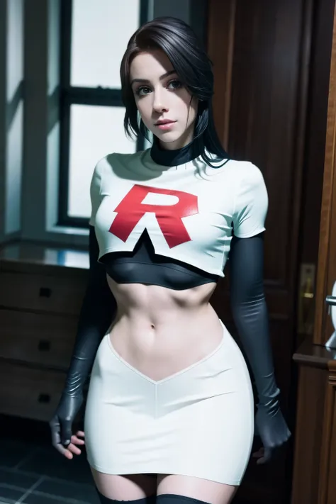 leynainu, a woman, wearing team rocket,team rocket uniform,white skirt,red letter R,crop top,black thigh-highs,black elbow gloves,