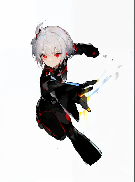 7 colors of gray hair，red eyes，Black gradient futuristic tights combat uniform，juvenile，HD Graphics，Two-dimensional space，beer gesture，air bangs，