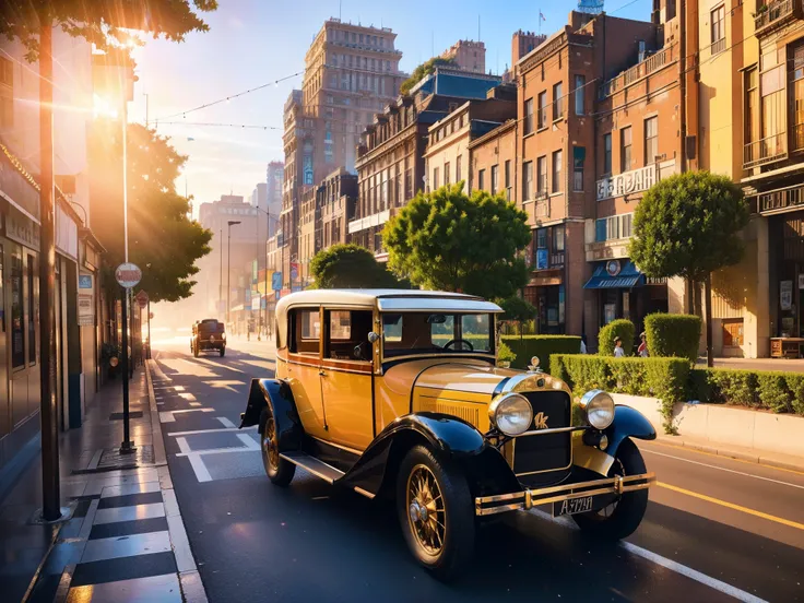 (8K, Best Quality, Masterpiece: 1.2), (Realistic illustration: 1.37), Super Detailed,(top-quality), (ultra-detailliert),High Resolution, BREAK A 1920s decopunk city at sunrise, with art deco buildings bathed in the golden light. Elegant, vintage cars cruis...