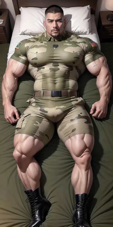 Sad crying tall giant muscular man.，Khaki camouflage military uniform，Sleep on a soft dark green mattress，strong tough guy，buzz clip，身穿Khaki camouflage military uniform，Sleep on a soft dark green mattress， sad expression，Deep and charming eyes，Emerald Pupi...