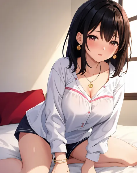 masterpiece:1.2, best quality, ((ultra detailed)), high resolution, 2d, anime style , wphoto, photography, detailed background, woman in white top on top of bedroom, jewelry, breasts, half closed eyes, medium hair,black hair, earrings, 1girl,pajamas, pajam...