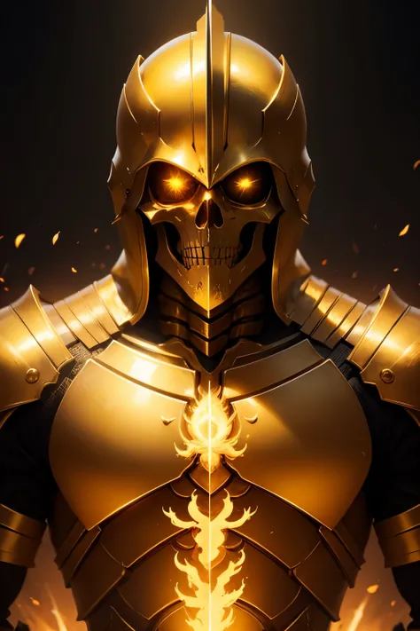 golden knight, skeleton warrior, yellow flame, golden aura, portrait, cinematic lighting.