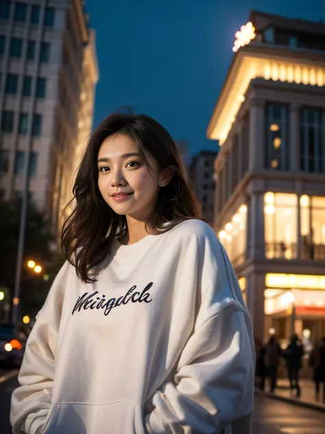 girl, smile, medium wavy hair, big eyes, white oversize sweatshirt, at downtown, night, from below