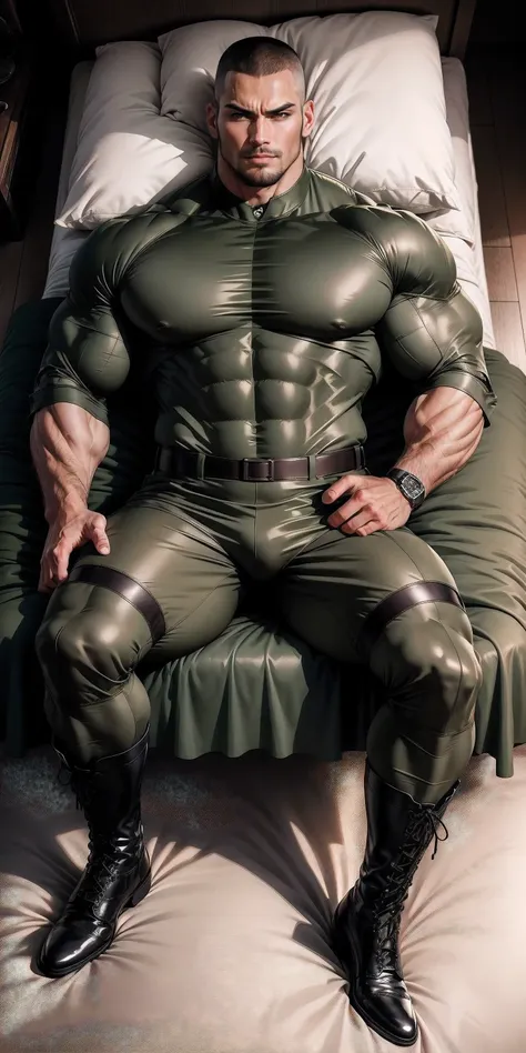 Angry tall giant muscular man.，Khaki camouflage military uniform，Sleep on a soft dark green mattress，strong tough guy，buzz clip，身穿Khaki camouflage military uniform，Sleep on a soft dark green mattress， sad expression，Deep and charming eyes，The male protagon...