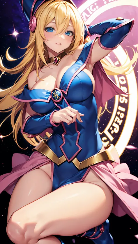 Black Magician Girl、super breasts、thick thighs、blonde hair、magic circle、8K, 4k, highest quality, High resolution: 1.2),winking、One breast exposed、cute anime face、Pink blush on cheeks、