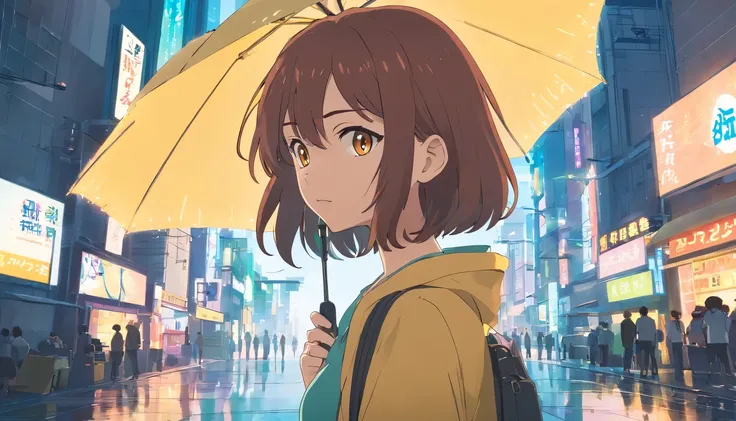 Uma garota de anime Lo-fi, vestida nas cores amarelo e preto, brown hair Looking at the landscape listening to music on the cell phone with headphones　Vast and epic Cyberpunk Tokyo very busy street　8k　 isto&#39;it is very detailed&#39;it&#39;s raining　maxi...