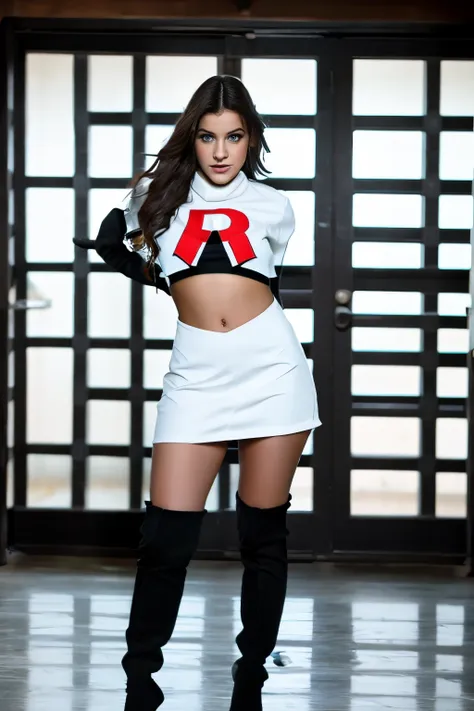 a realistic photo of b4rb4r4p4lv1n woman wearing team rocket,team rocket uniform,white skirt,red letter r,crop top,black thigh-h...