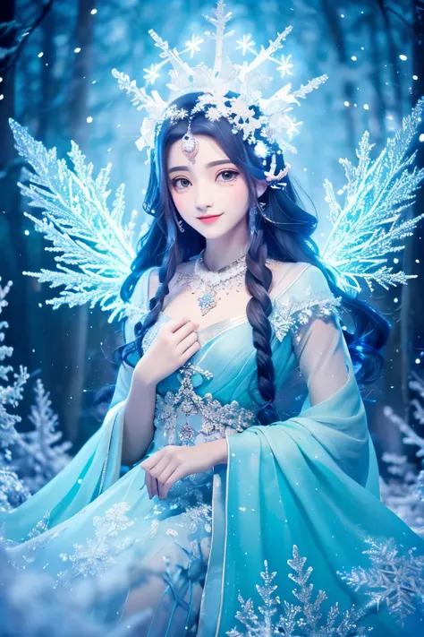 A digital illustration of a serene winter landscape, featuring a graceful snow spirit with glittering ice-blue skin, delicate snowflake-patterned wings, and a flowing gown made of frost. The snow spirit stands amidst a shimmering forest of frosted trees, w...