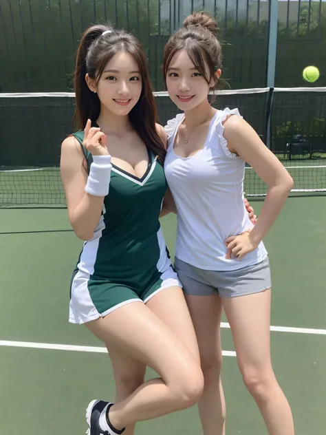 highest quality, Super detailed, High resolution, 8K, 20 year old beauty、(three women),ponytail,sexy pose,smile、smile、sexual expression、whole body,perfect skin,big breasts, emphasize cleavage、
Tennis Dresses、可愛らしいTennis Dressesを選びましょう。Something with frills...