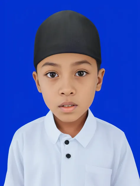 arafed boy in a white shirt and a black hat, reyyan, riyahd cassiem, saadane afif, raden saleh, mohamed chahin, hannah yata, kid, ismail, full protrait, ayan nag, inspired by Fathi Hassan, muslim, khyzyl saleem, chibi, very clear picture, potrait