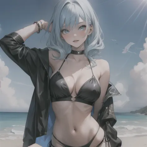 Women with long light blue hair modeling at the beach wearing a sexy black bikini