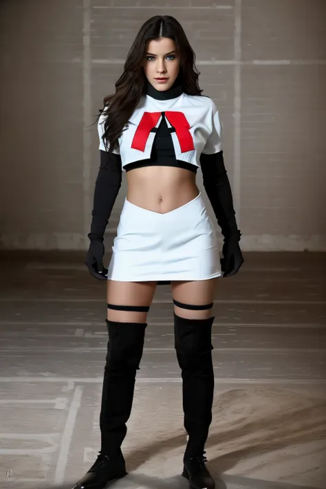 a realistic photo of b4rb4r4p4lv1n woman wearing team rocket,team rocket uniform,white skirt,red letter r,crop top,black thigh-h...