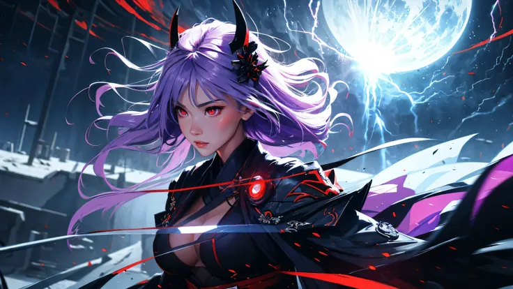 raiden shogun from genshin impact, (masterpiece, superior quality, best quality, official art, beautiful and aesthetic:1.2), lightning, (1girl), pretty and devilish girl, ((red eyes)), very long hair, absurdly dressed detailed, in the sky, detailed chaotic...