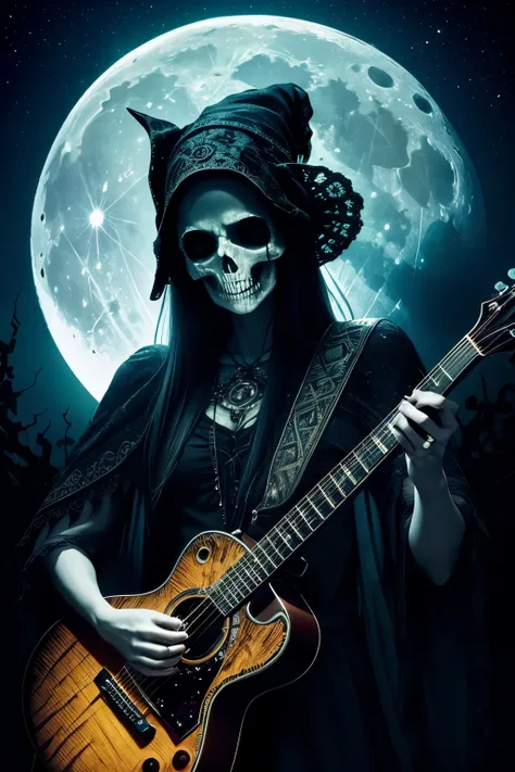 A hauntingly beautiful close-up portrait of a skull, strumming an electric guitar under the cover of night, with the full moon casting an ethereal glow on its weathered surface. The skulls eye sockets seem to twinkle with the reflection of the lunar light,...