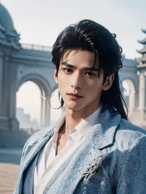 (male character design），（messy white flying long hair：1.2）, （affectionate chinese handsome guy lan ling looks into the camera：1....